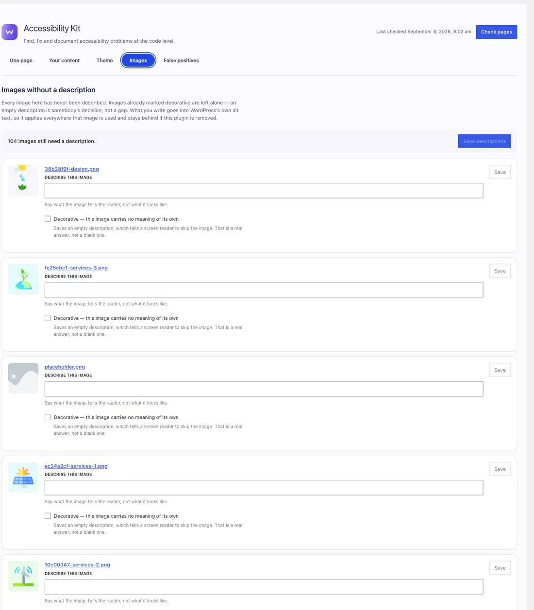 The images screen. A list of media items that have never been described, each row showing a thumbnail and an alt text field ready to type into.