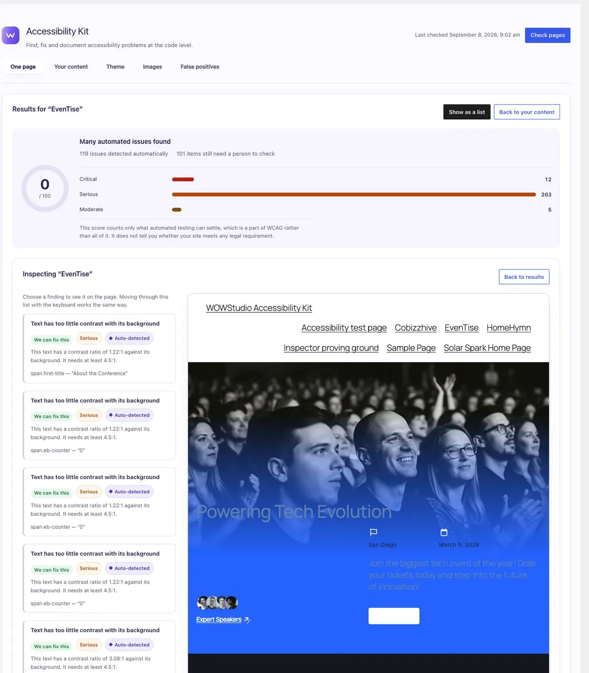 The inspector. A list of findings on the left, each naming the element and the words on it, beside a live preview of the page on the right with the selected element outlined.