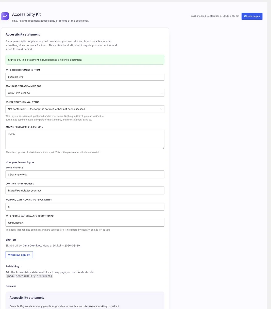 The accessibility statement screen. A generated draft with editable sections and a feedback contact field, awaiting the site owner's review and attestation.