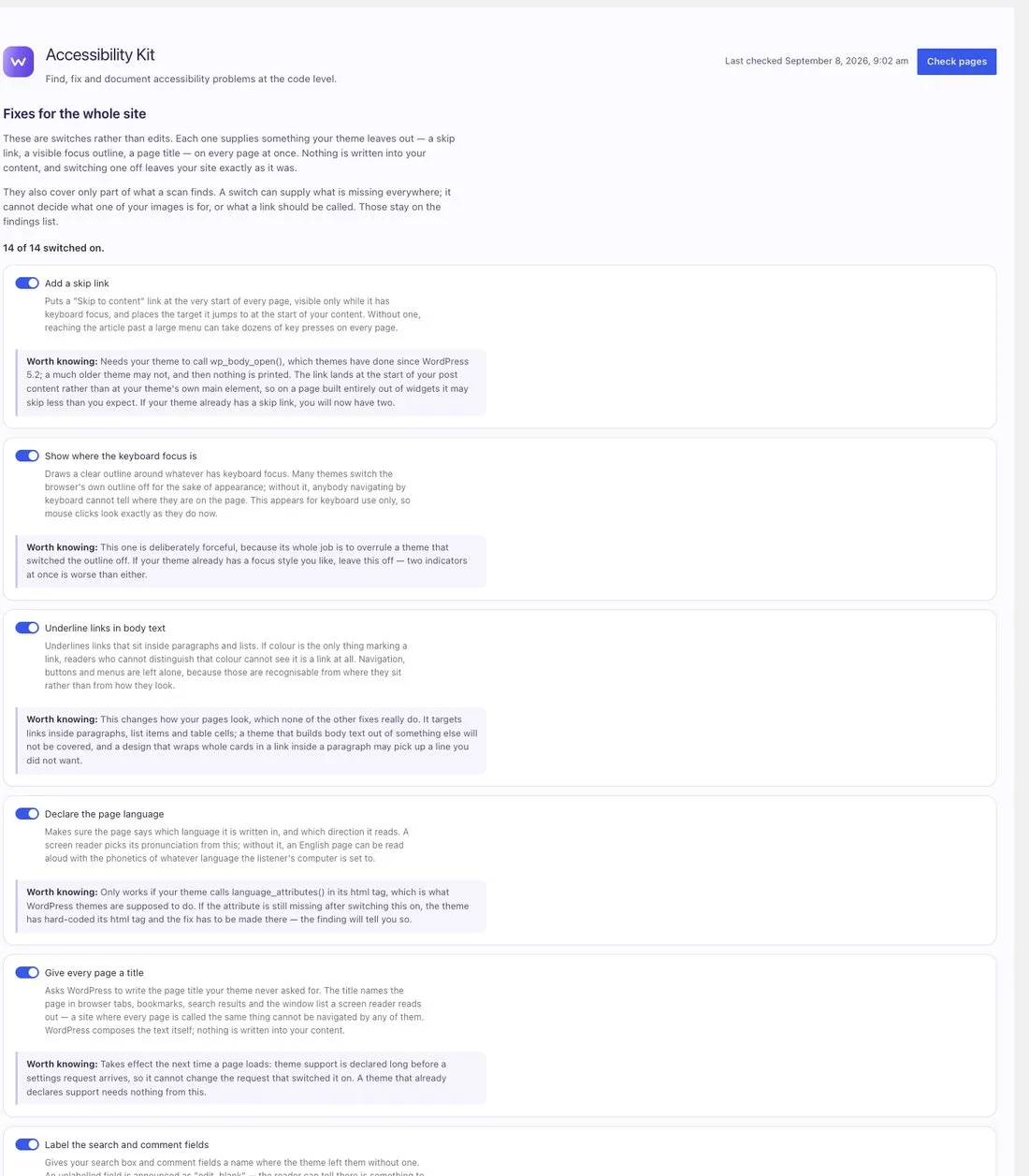 The site-wide fixes screen. A list of switches that supply what a theme leaves out, each with a note saying what turning it on might disturb.